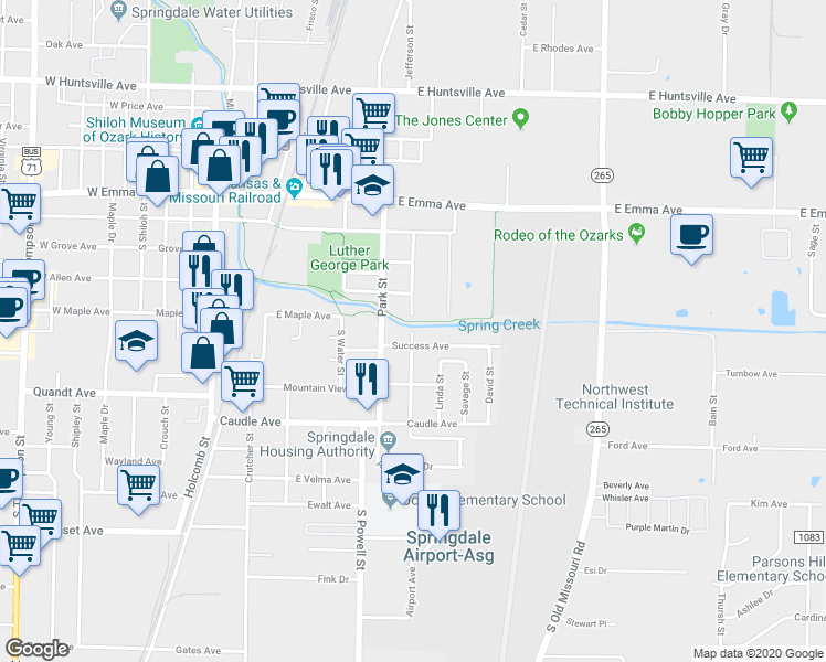 map of restaurants, bars, coffee shops, grocery stores, and more near 409 South Cleveland Street in Springdale