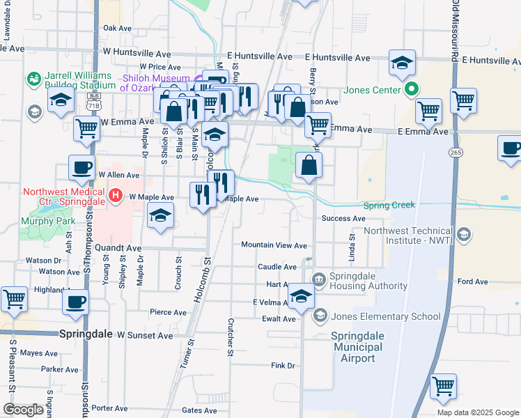 map of restaurants, bars, coffee shops, grocery stores, and more near 309 Robert Circle in Springdale
