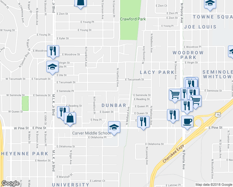 map of restaurants, bars, coffee shops, grocery stores, and more near 634 East Seminole Place in Tulsa