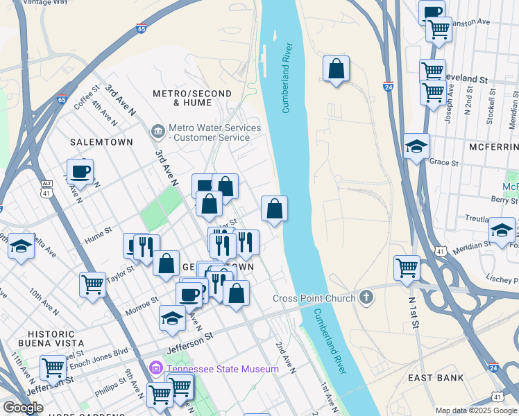 map of restaurants, bars, coffee shops, grocery stores, and more near 1 Taylor Street in Nashville