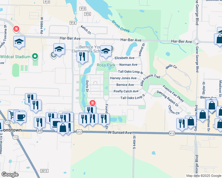 map of restaurants, bars, coffee shops, grocery stores, and more near 661 Founders Park Drive East in Springdale