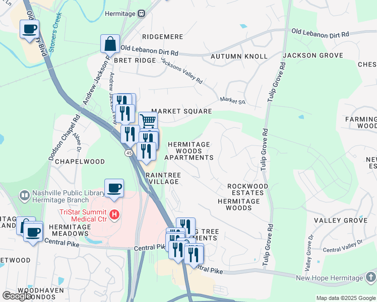 map of restaurants, bars, coffee shops, grocery stores, and more near 5610 Old Hickory Boulevard in Nashville