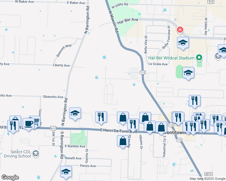 map of restaurants, bars, coffee shops, grocery stores, and more near Downhill Street in Springdale