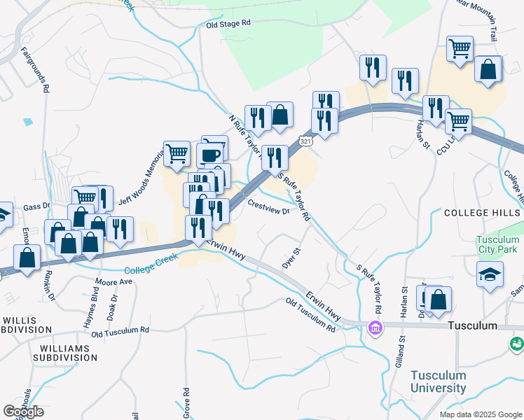 map of restaurants, bars, coffee shops, grocery stores, and more near 101 Crestview Drive in Greeneville