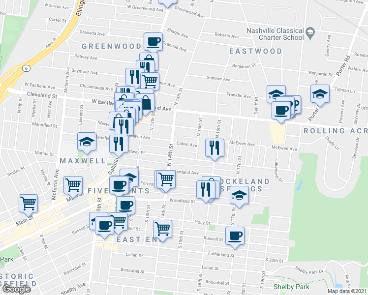map of restaurants, bars, coffee shops, grocery stores, and more near 1415 Calvin Avenue in Nashville