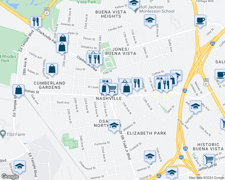 map of restaurants, bars, coffee shops, grocery stores, and more near 1827 16th Avenue North in Nashville