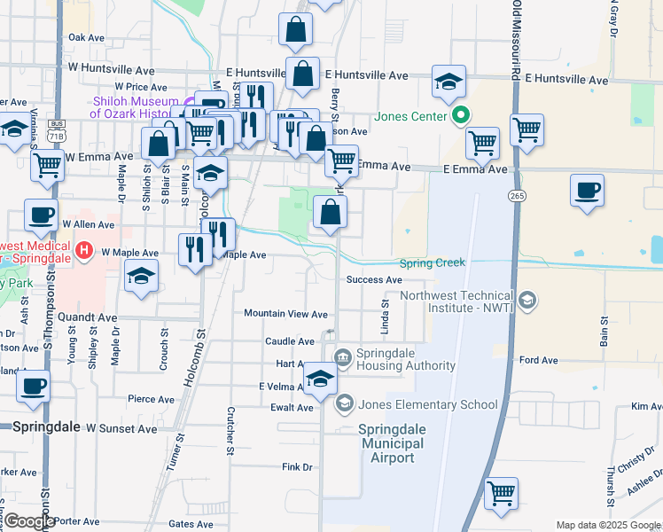 map of restaurants, bars, coffee shops, grocery stores, and more near 400 Park St in Springdale