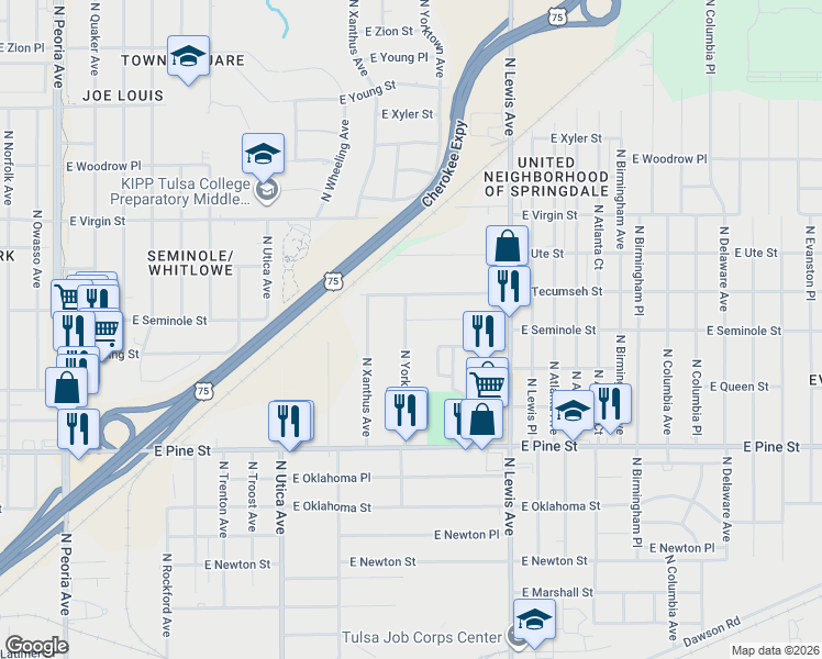 map of restaurants, bars, coffee shops, grocery stores, and more near 1812 North Yorktown Avenue in Tulsa