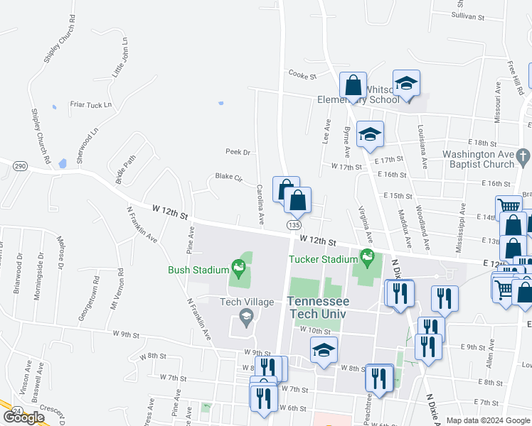 map of restaurants, bars, coffee shops, grocery stores, and more near 1219 Carolina Avenue in Cookeville