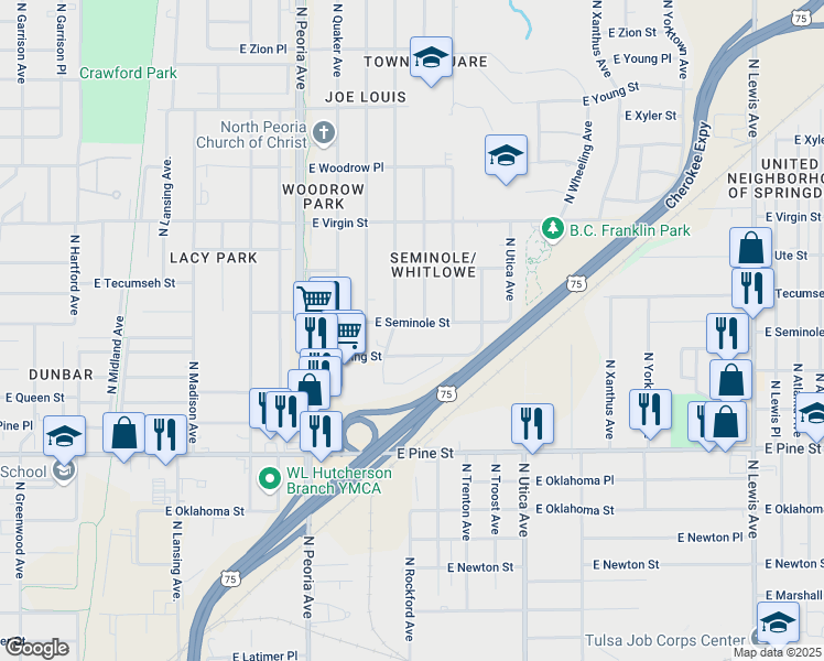map of restaurants, bars, coffee shops, grocery stores, and more near 1514 East Seminole Street in Tulsa