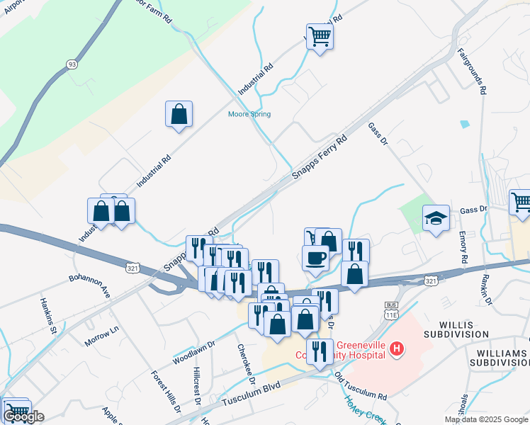 map of restaurants, bars, coffee shops, grocery stores, and more near 220 Thornwood Drive in Greeneville