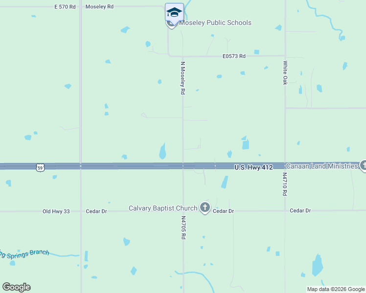 map of restaurants, bars, coffee shops, grocery stores, and more near North Moseley Road in West Siloam Springs
