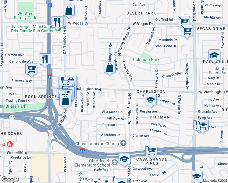 map of restaurants, bars, coffee shops, grocery stores, and more near 6436 Ironbark Lane in Las Vegas
