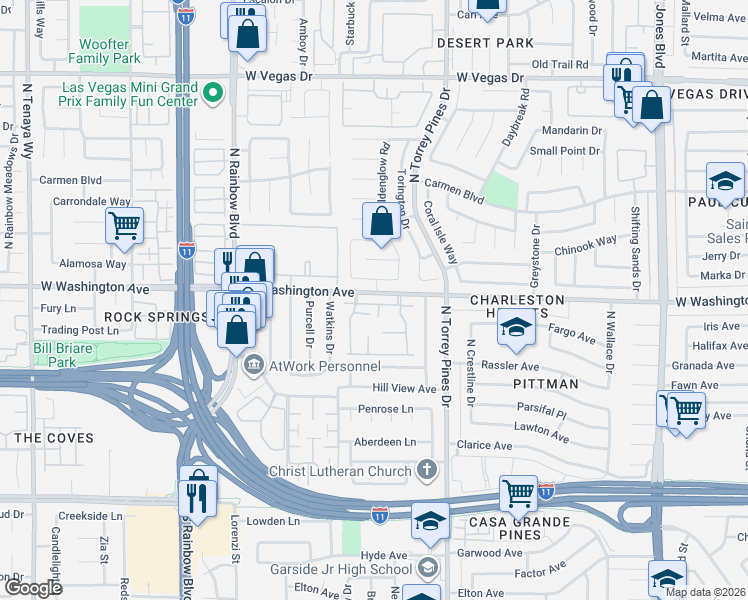 map of restaurants, bars, coffee shops, grocery stores, and more near 6514 Ironbark Lane in Las Vegas
