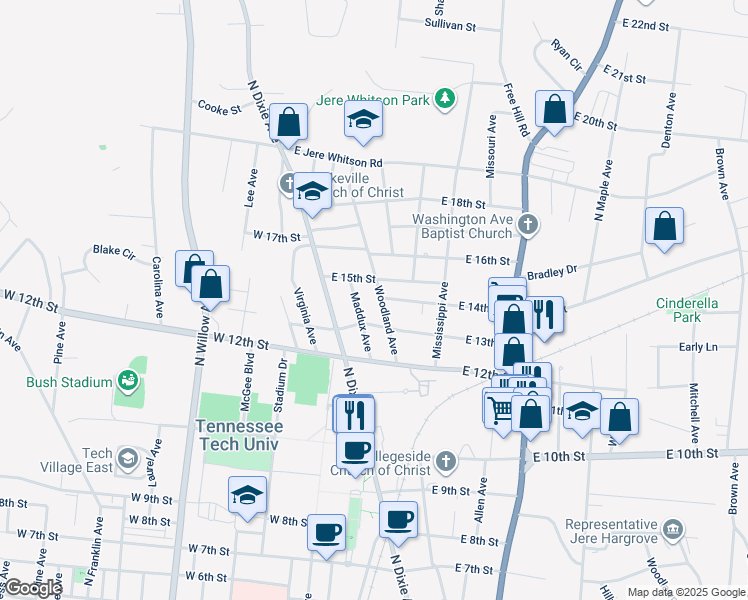 map of restaurants, bars, coffee shops, grocery stores, and more near 1338 Woodland Avenue in Cookeville