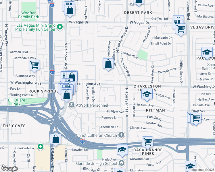 map of restaurants, bars, coffee shops, grocery stores, and more near 6521 Wild River Drive in Las Vegas