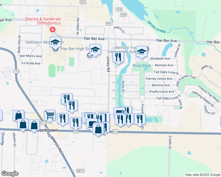 map of restaurants, bars, coffee shops, grocery stores, and more near 7174 Hazel Court in Springdale