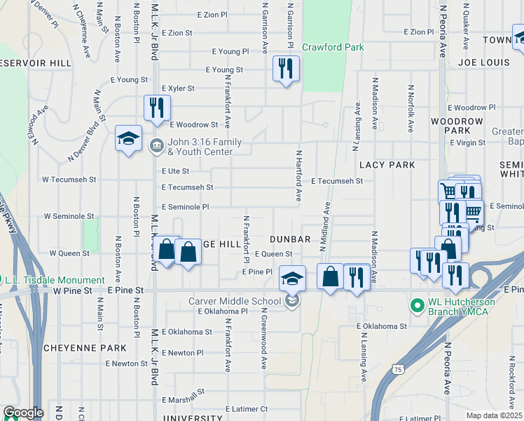 map of restaurants, bars, coffee shops, grocery stores, and more near 542 East Seminole Place in Tulsa