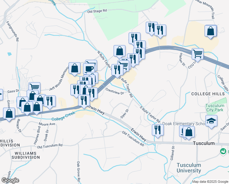 map of restaurants, bars, coffee shops, grocery stores, and more near 101 Crestview Drive in Greeneville