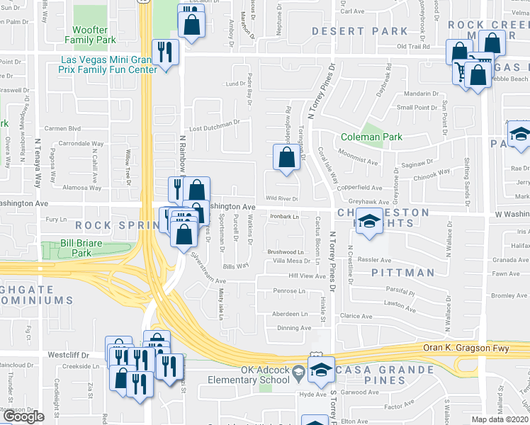 map of restaurants, bars, coffee shops, grocery stores, and more near 6542 Ironbark Lane in Las Vegas
