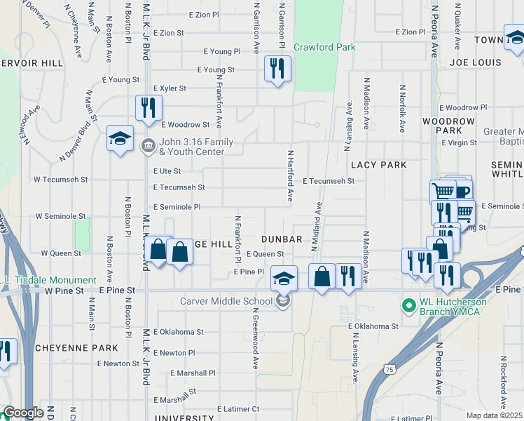 map of restaurants, bars, coffee shops, grocery stores, and more near 556 East Seminole Place in Tulsa