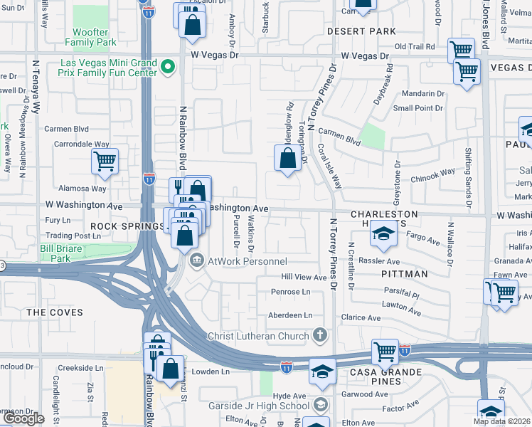 map of restaurants, bars, coffee shops, grocery stores, and more near 6542 Ironbark Lane in Las Vegas