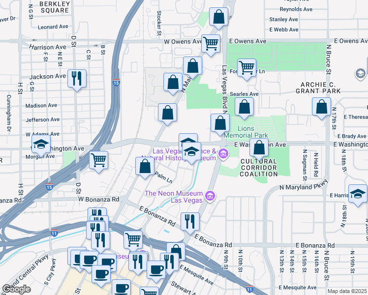 map of restaurants, bars, coffee shops, grocery stores, and more near 123 East Washington Avenue in Las Vegas