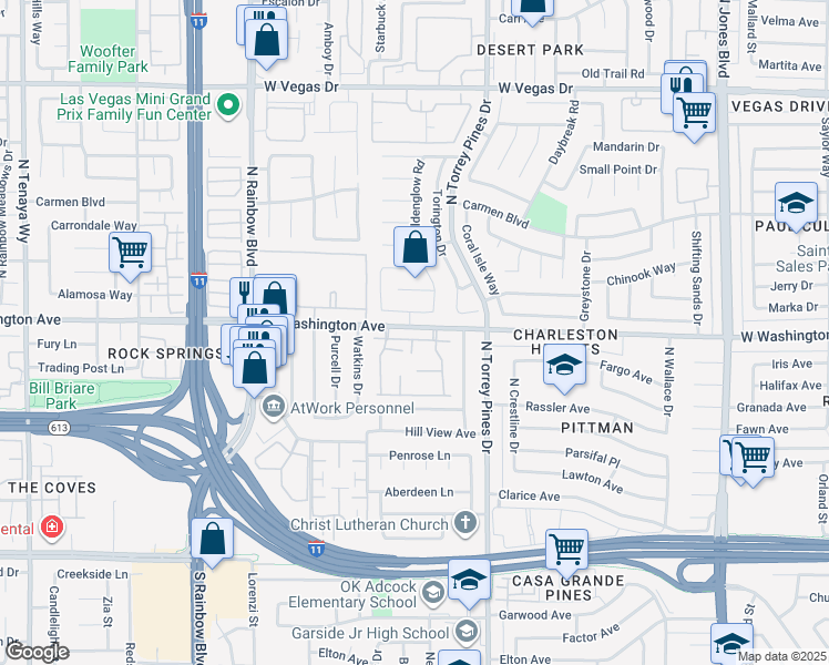 map of restaurants, bars, coffee shops, grocery stores, and more near 6521 Wild River Drive in Las Vegas