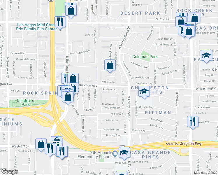map of restaurants, bars, coffee shops, grocery stores, and more near 6521 Wild River Drive in Las Vegas