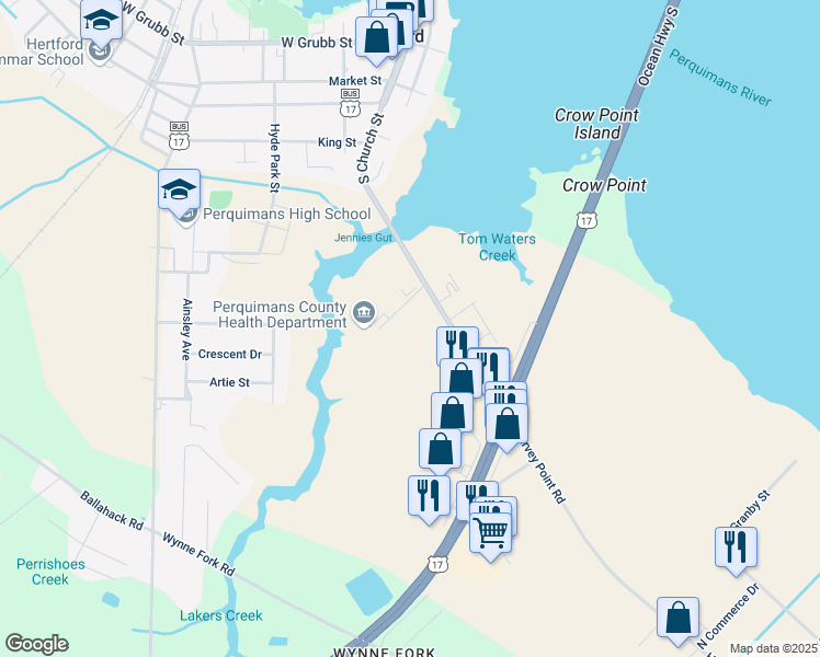 map of restaurants, bars, coffee shops, grocery stores, and more near 512 South Church Street in Hertford