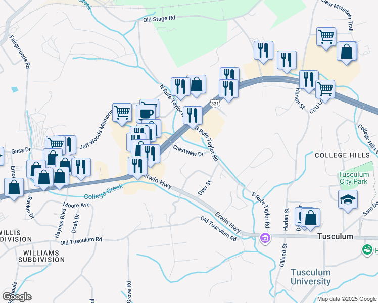 map of restaurants, bars, coffee shops, grocery stores, and more near 101 Crestview Drive in Greeneville