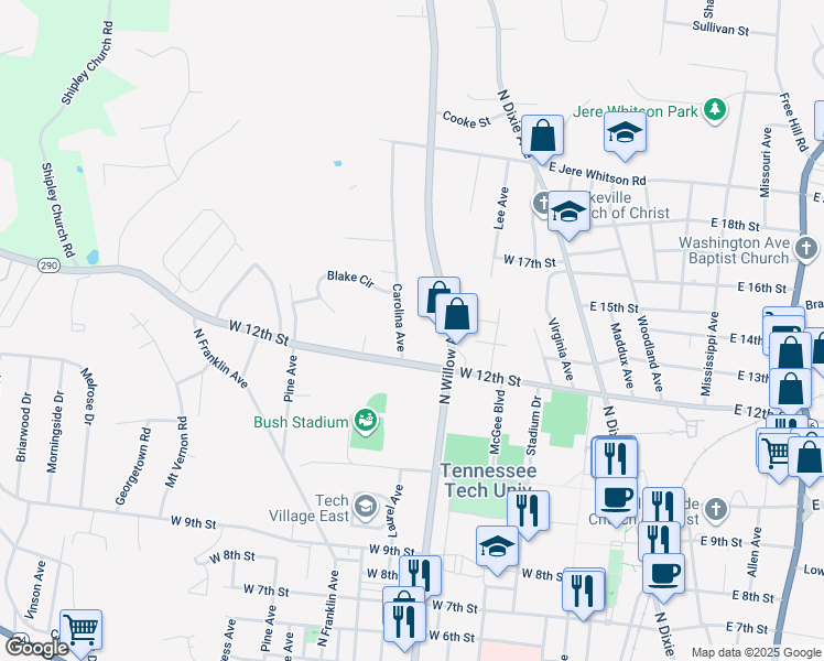 map of restaurants, bars, coffee shops, grocery stores, and more near 1229 Carolina Avenue in Cookeville
