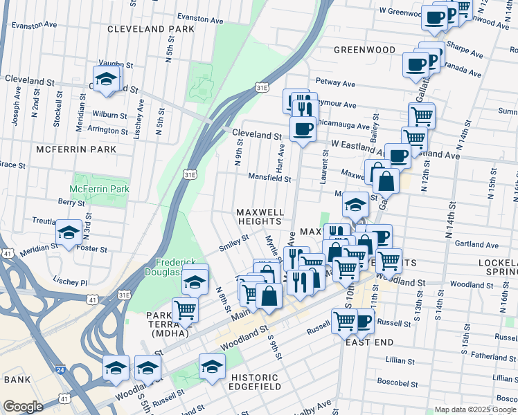 map of restaurants, bars, coffee shops, grocery stores, and more near 413 Myrtle Street in Nashville