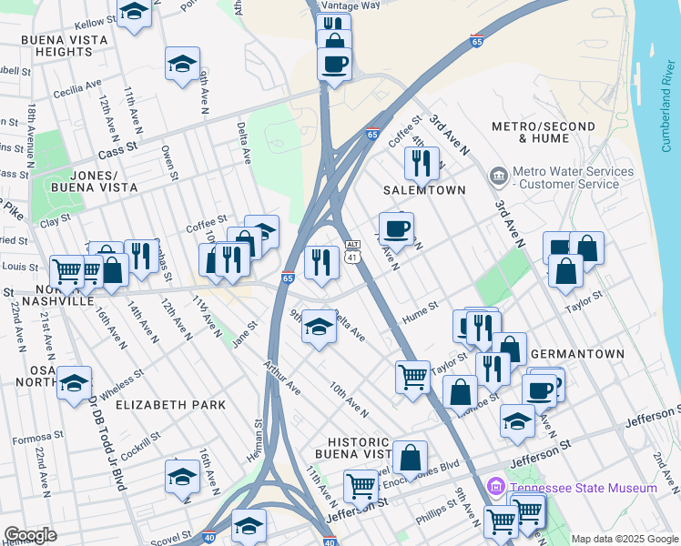 map of restaurants, bars, coffee shops, grocery stores, and more near 1715 Rosa L Parks Boulevard in Nashville