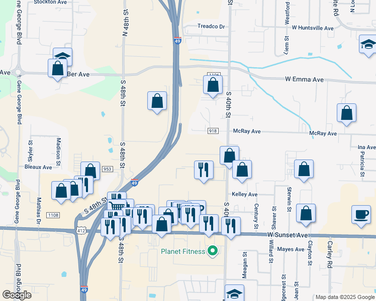 map of restaurants, bars, coffee shops, grocery stores, and more near 4260 Nightingale Lane in Springdale