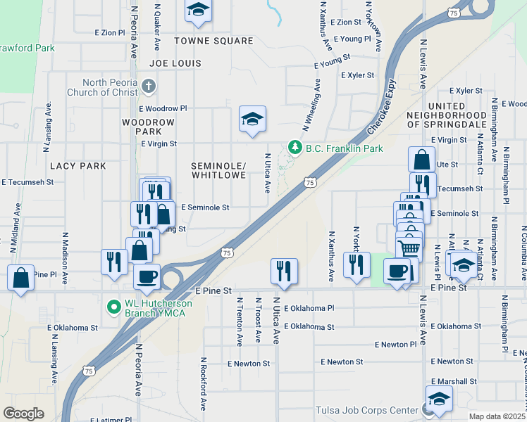 map of restaurants, bars, coffee shops, grocery stores, and more near 1807 North Troost Avenue in Tulsa