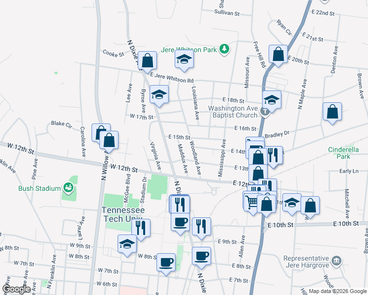 map of restaurants, bars, coffee shops, grocery stores, and more near 1335 Maddux Avenue in Cookeville