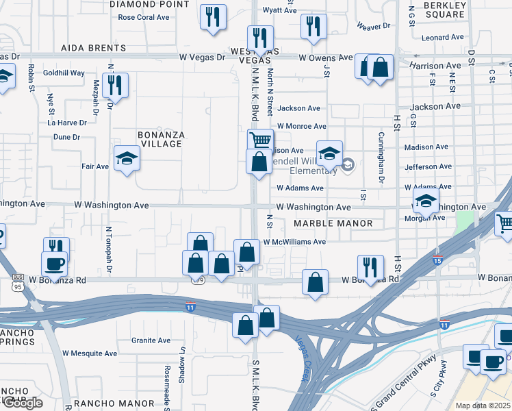 map of restaurants, bars, coffee shops, grocery stores, and more near N Martin Luther King Blvd & W Washington Ave in Las Vegas
