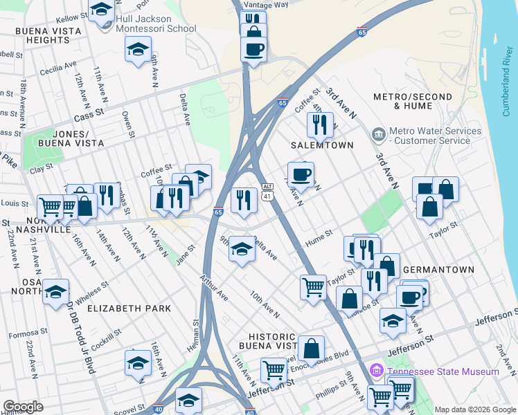 map of restaurants, bars, coffee shops, grocery stores, and more near 1715 Rosa L Parks Boulevard in Nashville