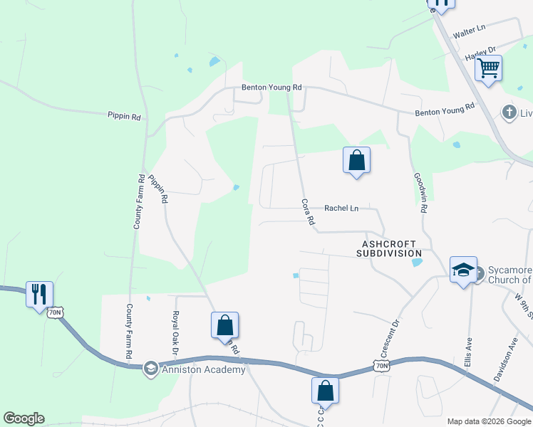 map of restaurants, bars, coffee shops, grocery stores, and more near 500 Cora Road in Cookeville