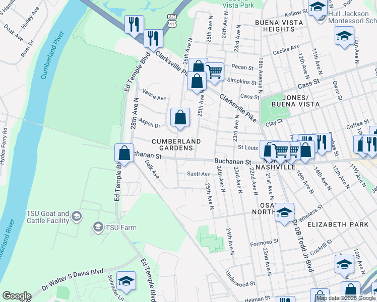 map of restaurants, bars, coffee shops, grocery stores, and more near in Nashville