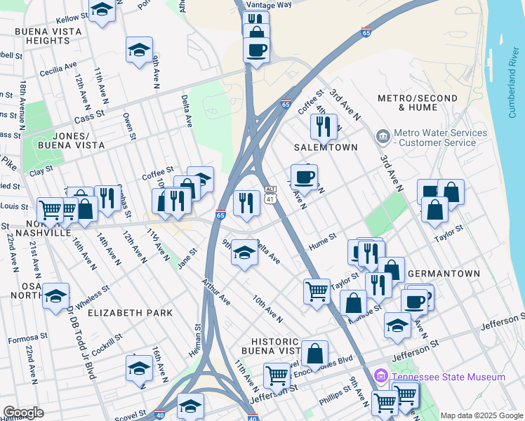 map of restaurants, bars, coffee shops, grocery stores, and more near 1715 Rosa L Parks Boulevard in Nashville