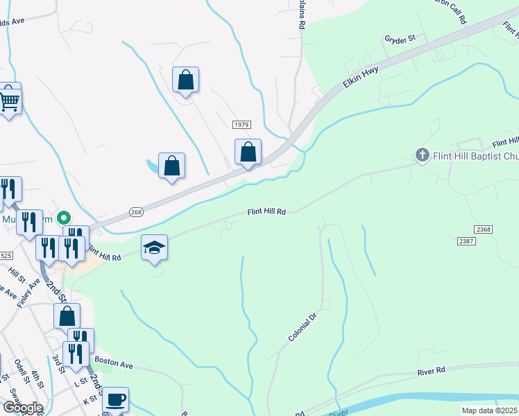 map of restaurants, bars, coffee shops, grocery stores, and more near 785 Flint Hill Road in North Wilkesboro