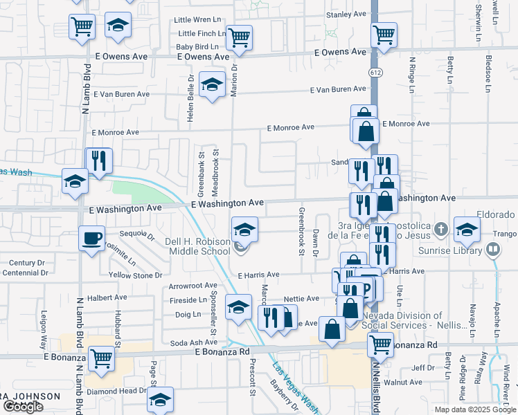 map of restaurants, bars, coffee shops, grocery stores, and more near 4720 East Washington Avenue in Las Vegas