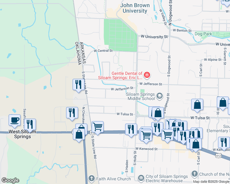 map of restaurants, bars, coffee shops, grocery stores, and more near 1915 West Jefferson Street in Siloam Springs