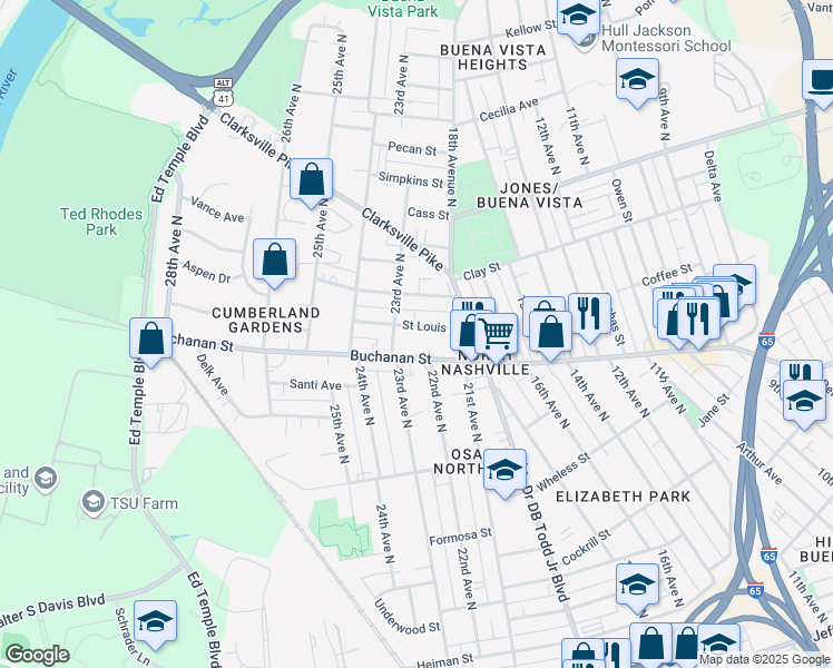 map of restaurants, bars, coffee shops, grocery stores, and more near 1725 Saint Louis Street in Nashville