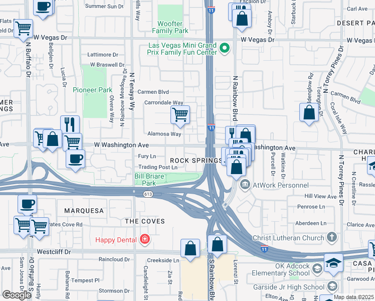 map of restaurants, bars, coffee shops, grocery stores, and more near 853 Rock Springs Drive in Las Vegas