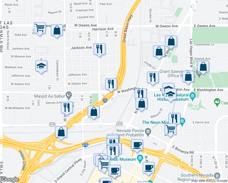map of restaurants, bars, coffee shops, grocery stores, and more near Las Vegas Fwy in Clark