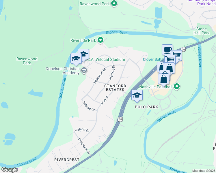map of restaurants, bars, coffee shops, grocery stores, and more near 227 Danyacrest Drive in Nashville