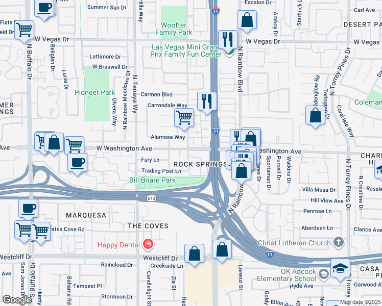 map of restaurants, bars, coffee shops, grocery stores, and more near 6909a Rock Springs Drive in Las Vegas